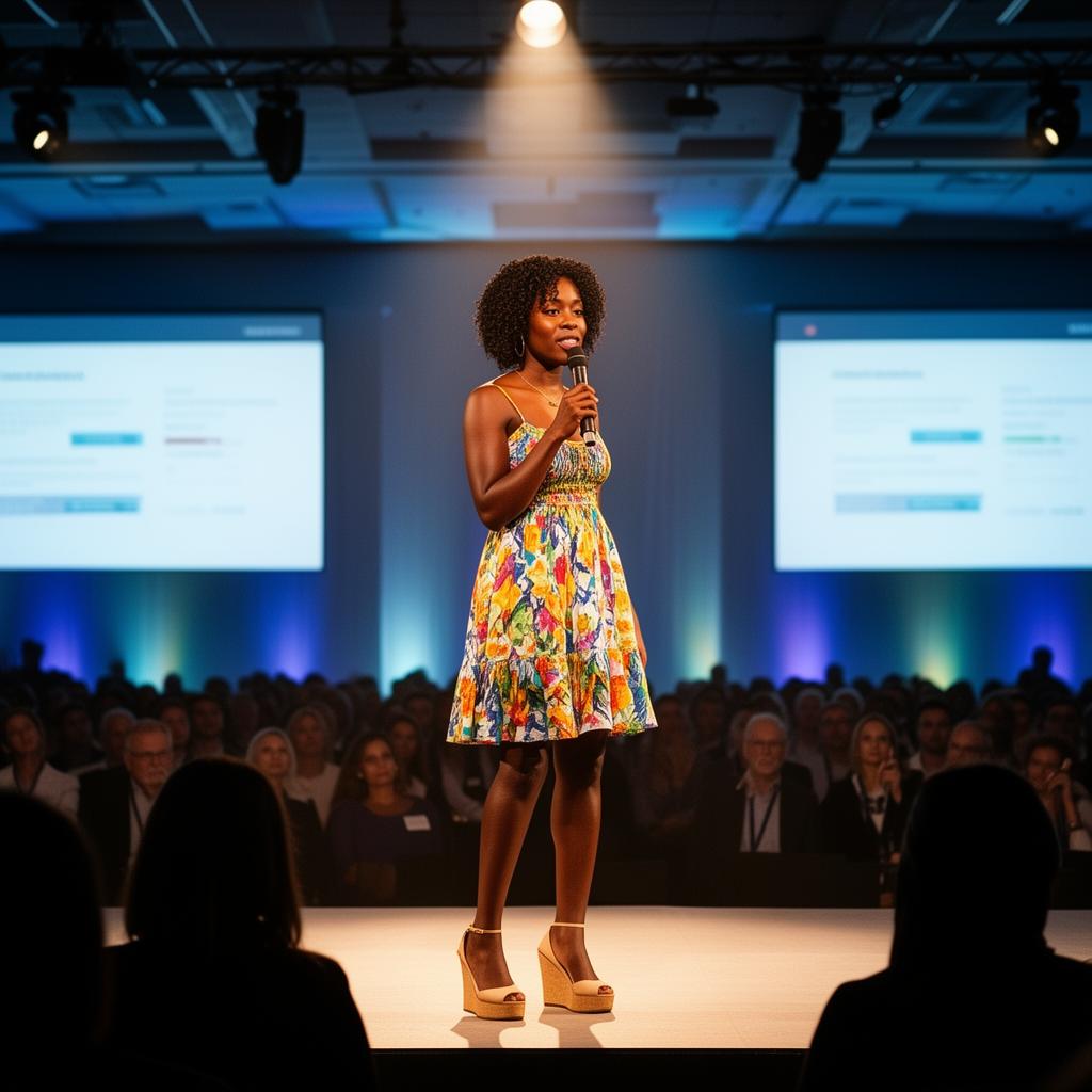 Black woman speaker on stage at a conference wearing a sundress and wedges